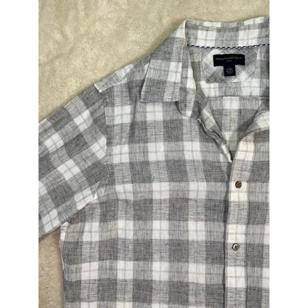 Banana Republic Mens Grey White Plaid Linen Cotton Button Down Shirt L 16-16.5